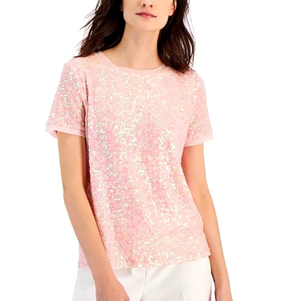 Anne Klein light pink sequin sparkly short sleeve top women's medium New
